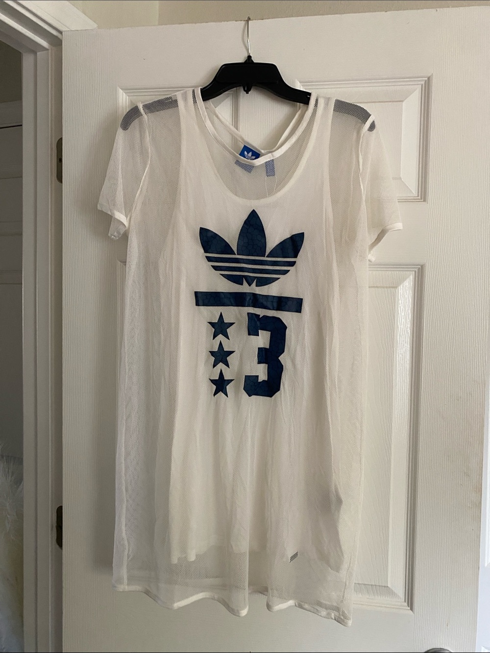 adidas White Mesh Mini Dress with Navy Trefoil and Number